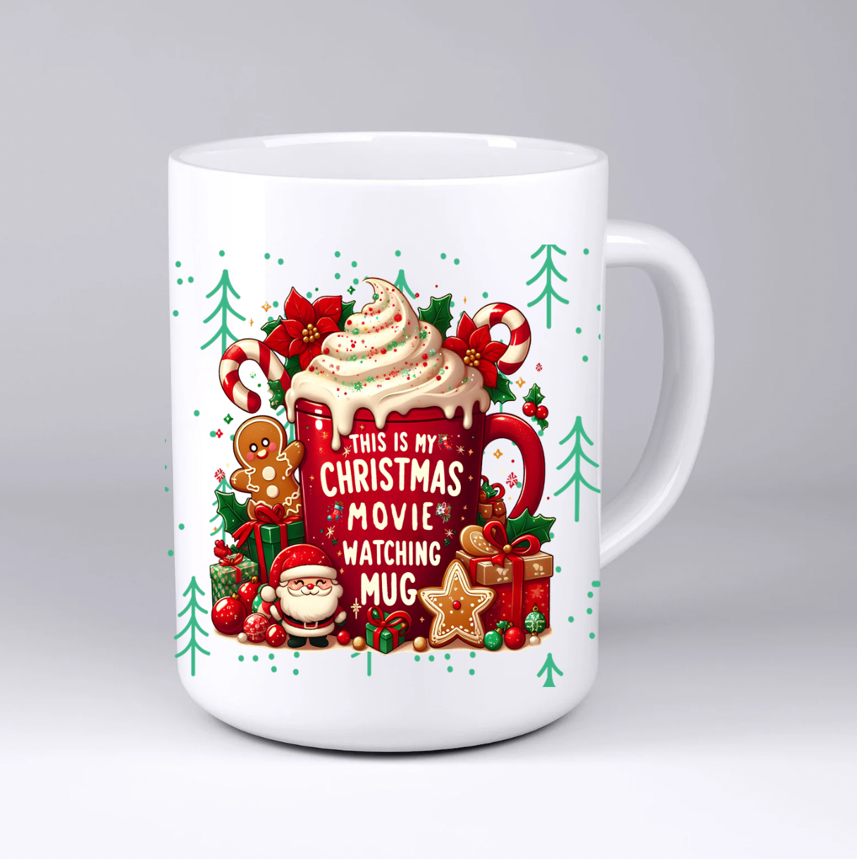 White mug with Christmas-themed design and text on a white background
