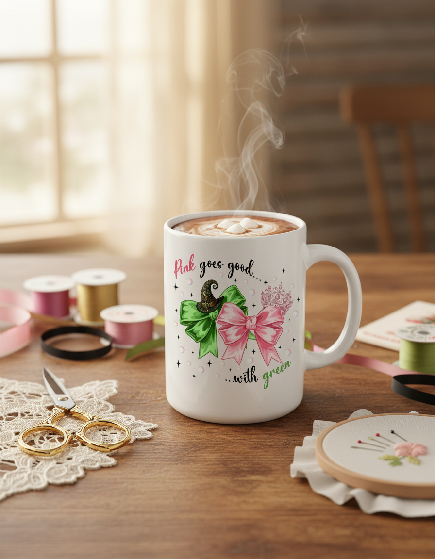 11oz Wicked bows mug in a cozy crafting setting