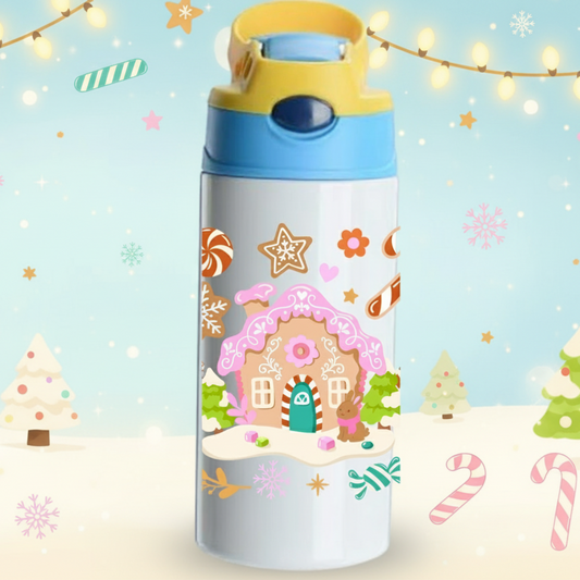 Children's water bottle with gingerbread house design on a white background