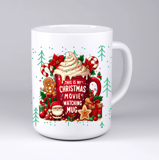 White mug with Christmas-themed design and text on a white background
