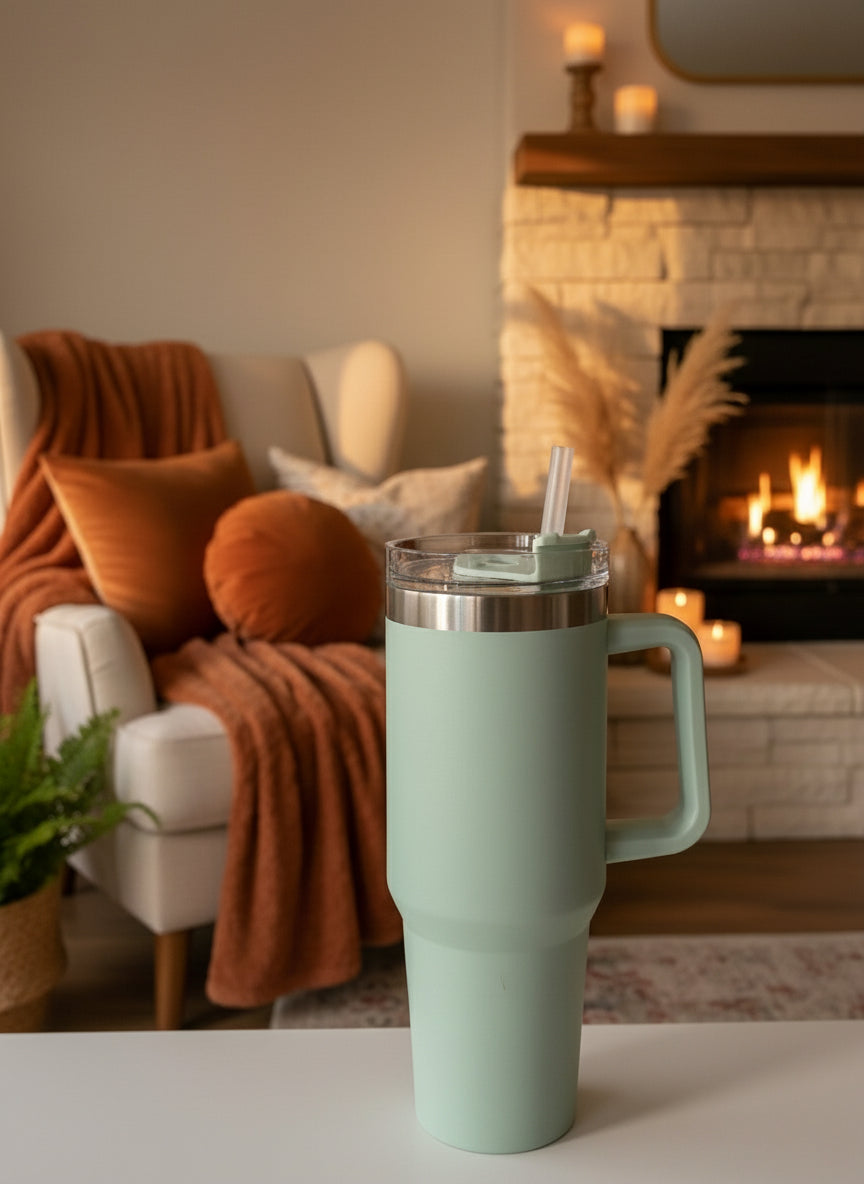 Mint green travel mug with a lid on a table in a cozy living room with a fireplace.