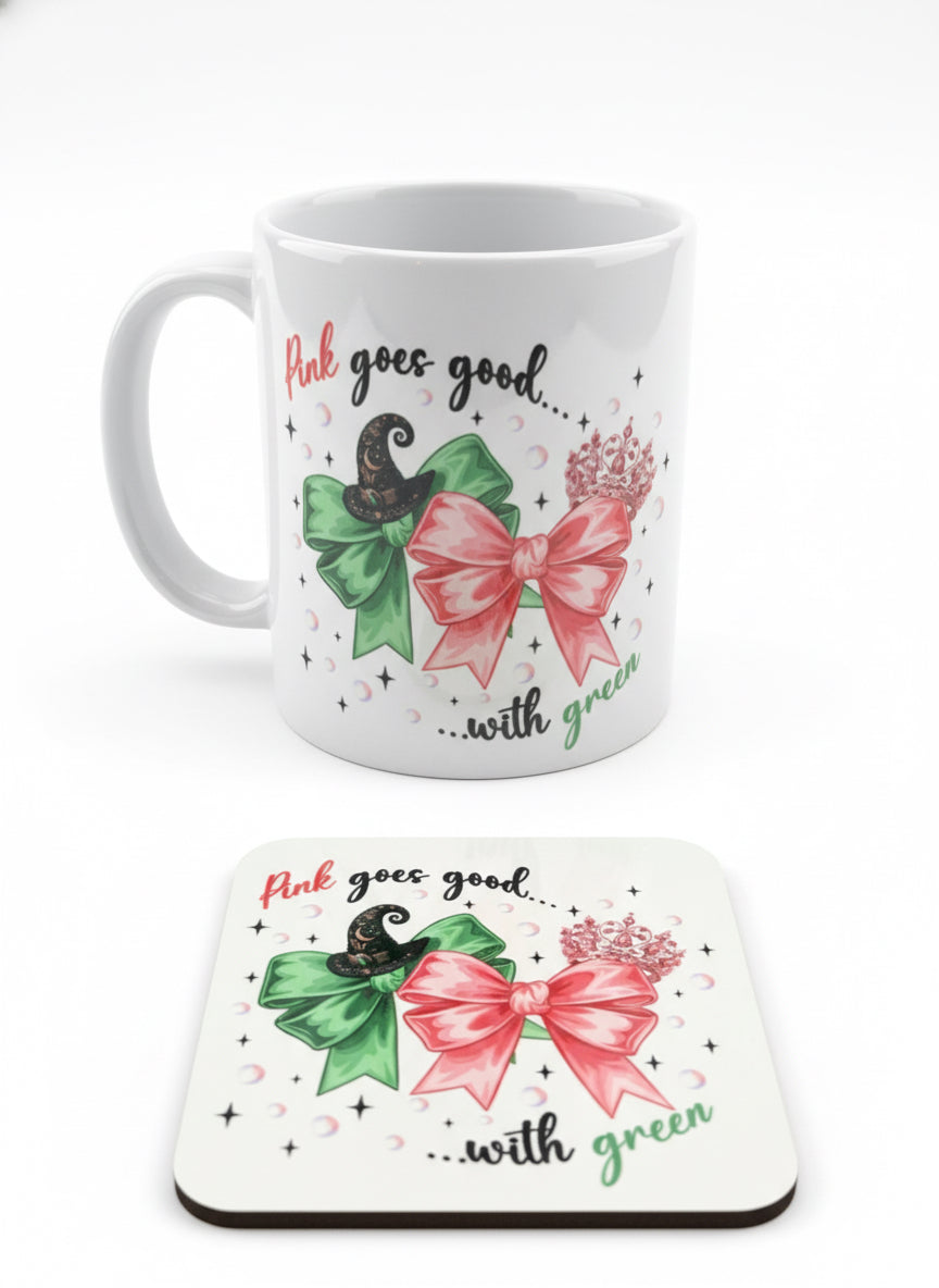 Mug and coaster set with decorative bows and text on a wooden surface