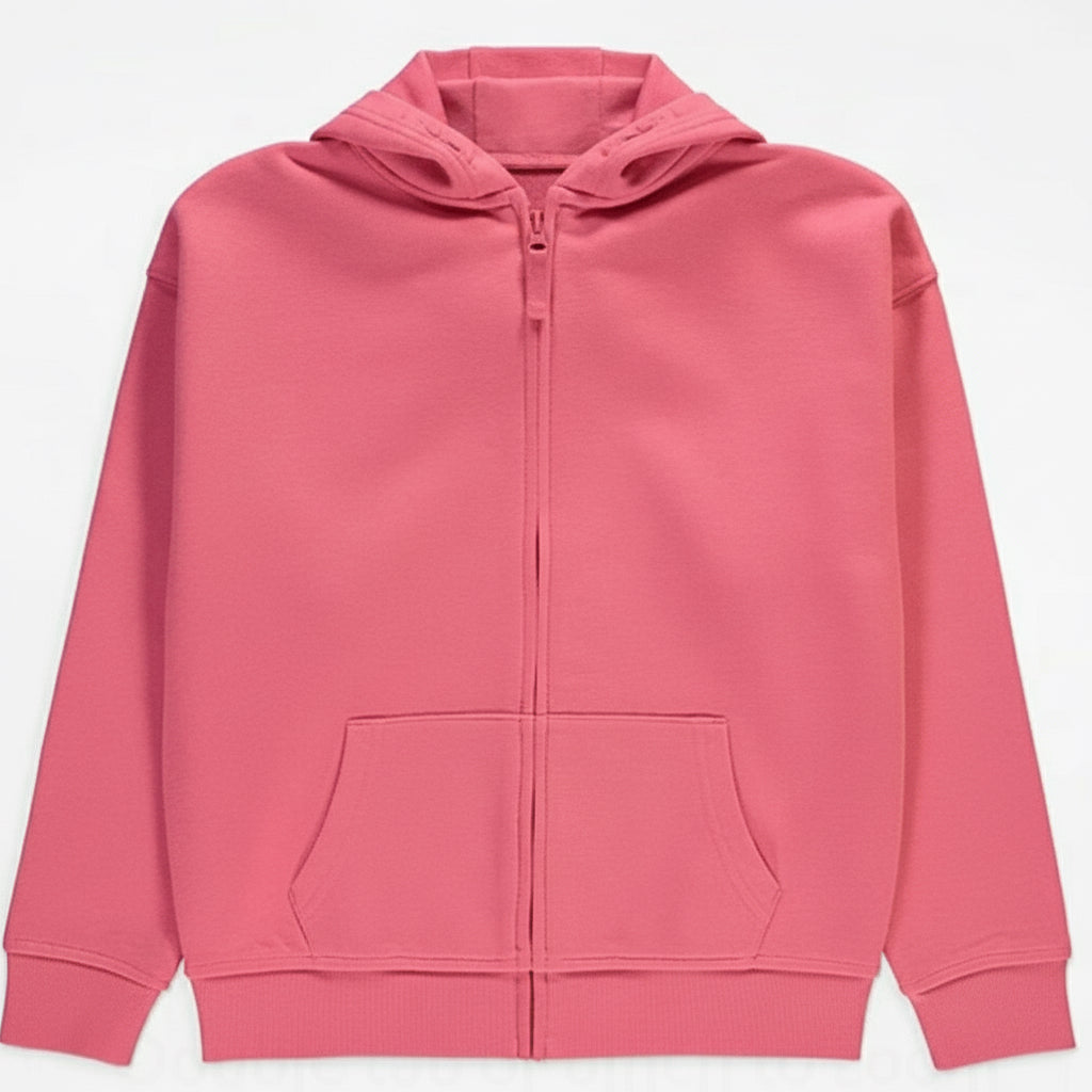 Pink hoodie with a zipper on a white background