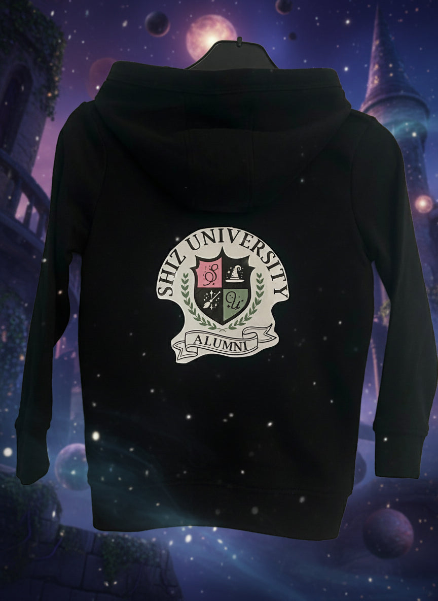 Black sweatshirt with a university logo on a white background