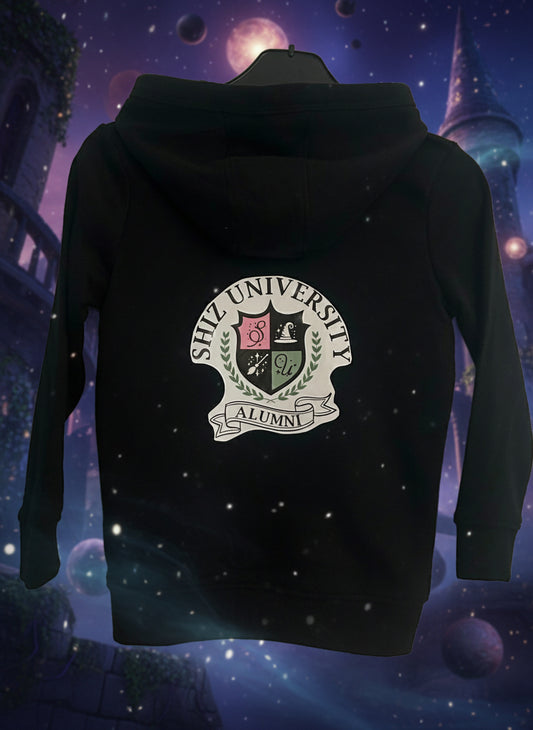 Black sweatshirt with a university logo on a white background